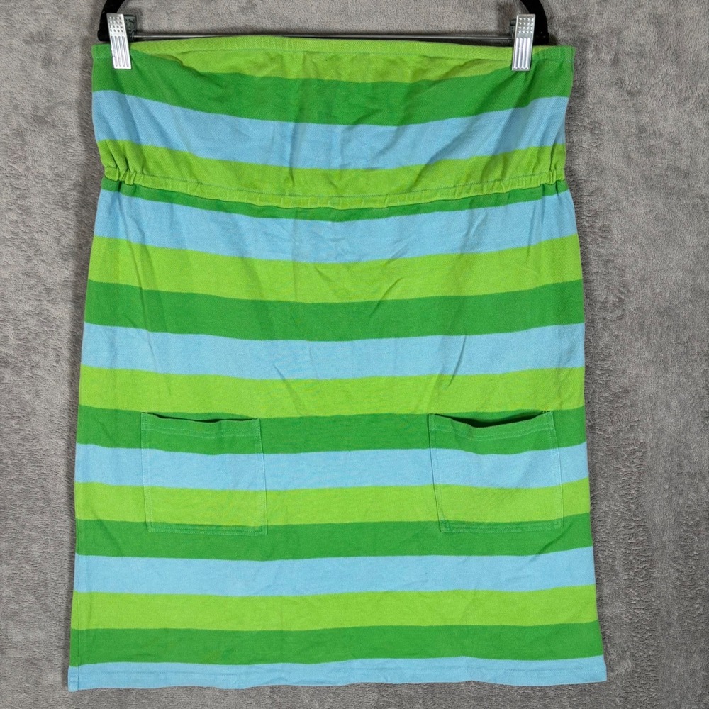 Lilly Pulitzer XL Green Blue Striped Strapless Pima Cotton Tube Dress Pockets